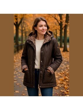 Brown Leopard Quilted Hooded Jacket Car Coat Large